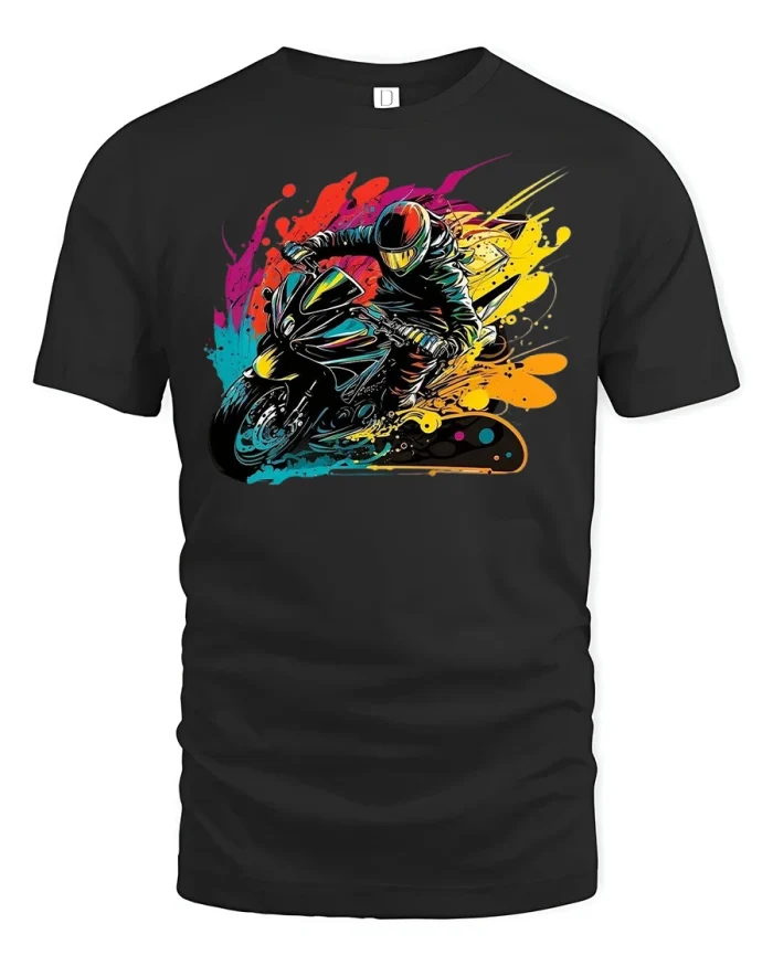 Color Splash Motorcycle Rider Racing Tee - black t-shirt on white background