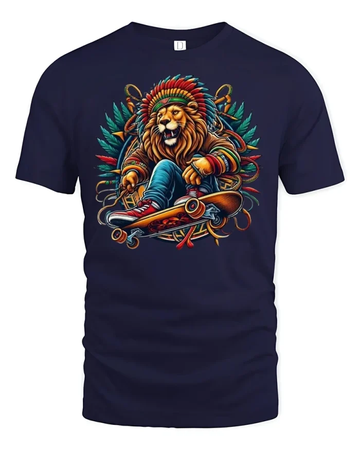 Tribal Lion Skateboard Street Art T-Shirt - navy t-shirt on white background
