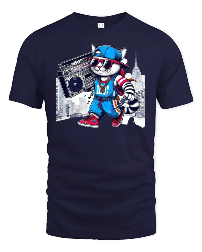 Hip Hop Cat Boombox Street Style T-Shirt - navy t-shirt on white background
