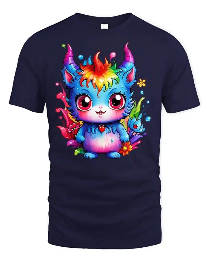 Cute Rainbow Monster Kawaii Colorful Art T-Shirt - navy t-shirt on white background