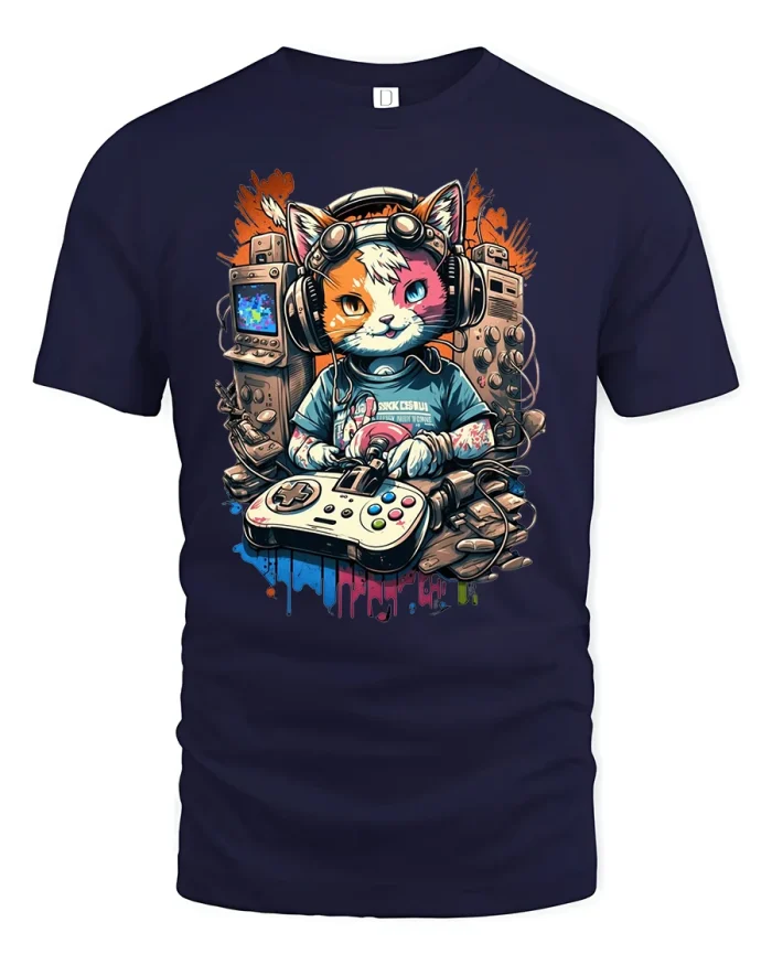 Gamer Cat Headset Retro Arcade T-Shirt - navy t-shirt on white background