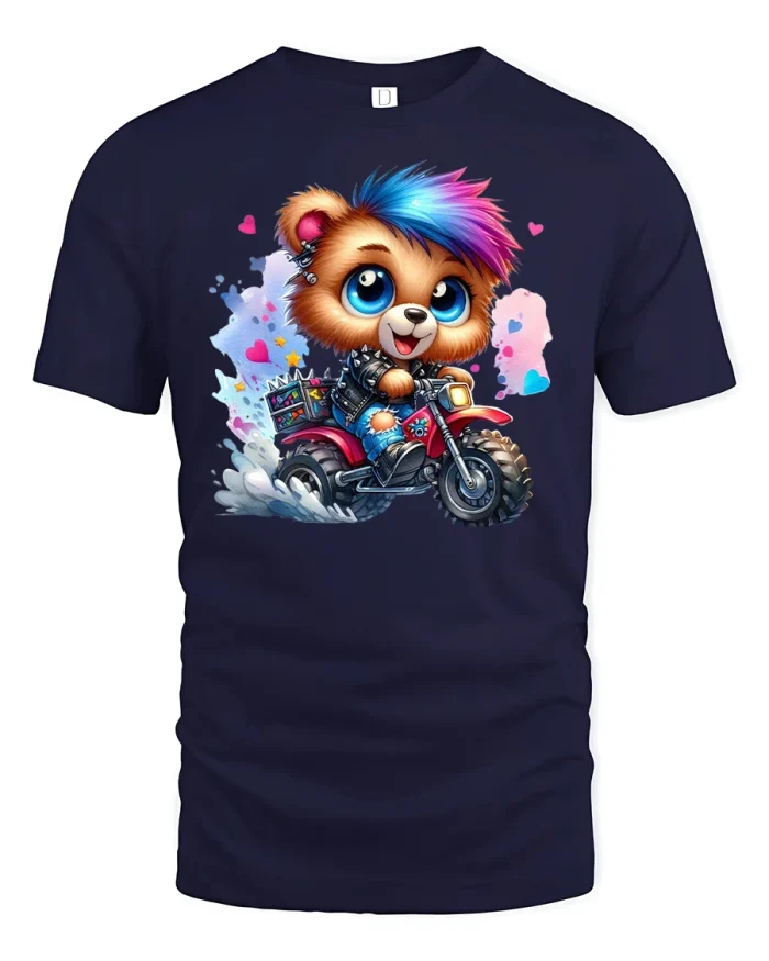 Cute Biker Bear Colorful Motorbike Rider T-Shirt - navy t-shirt on white background