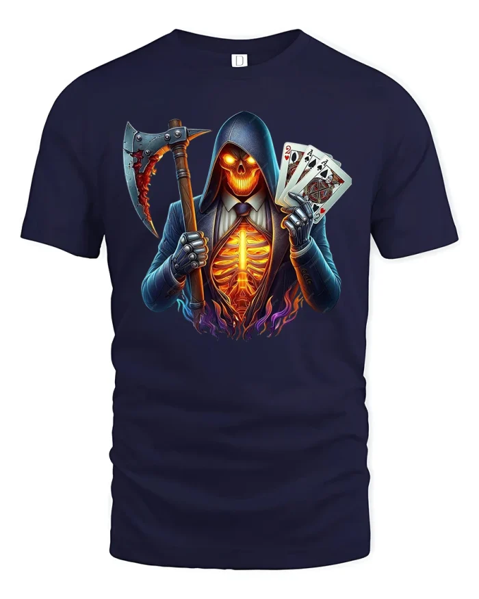 Grim Reaper Fire Skull Poker Card T-Shirt - navy t-shirt on white background