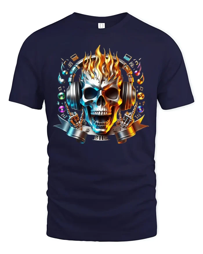 DJ Skull Headphones Fire Music T-Shirt - navy t-shirt on white background