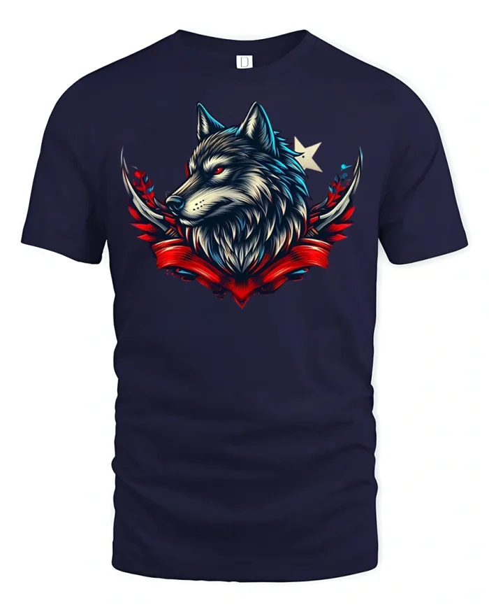 Alpha Wolf Red Banner Wild Spirit T-Shirt - navy t-shirt on white background