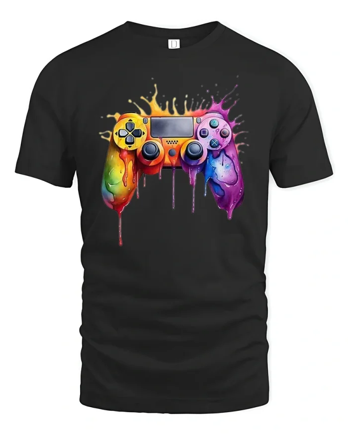 Dripping Rainbow Controller Gamer Art T-Shirt - black t-shirt on white background