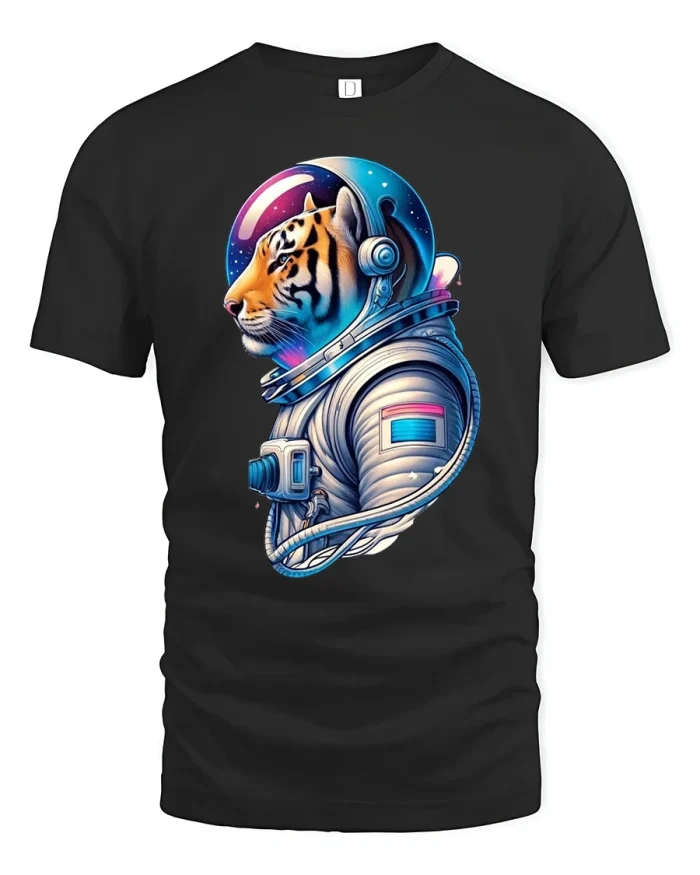 Astronaut Tiger Cosmic Space Art T-Shirt - black t-shirt on white background