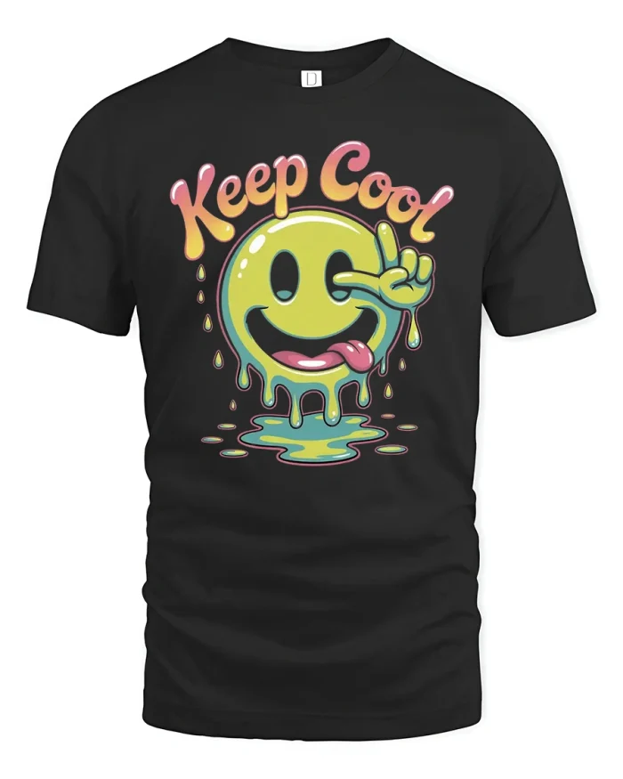 Keep Cool Melting Smiley Face T-Shirt - black t-shirt on white background