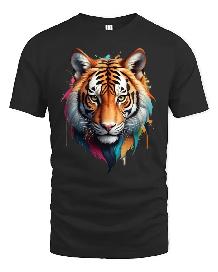 Majestic Tiger Head Color Splash Art T-Shirt - black t-shirt on white background