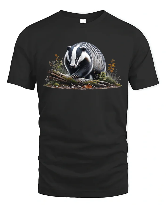 Realistic Badger Forest Scene Wildlife T-Shirt - black t-shirt on white background