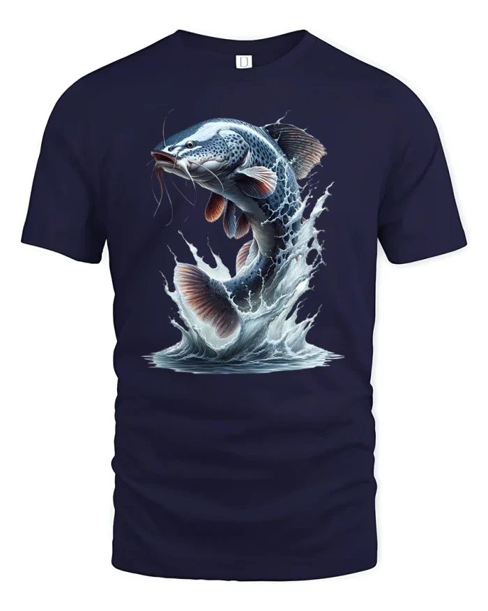 Jumping Catfish Splash Art Fishing T-Shirt - navy t-shirt on white background