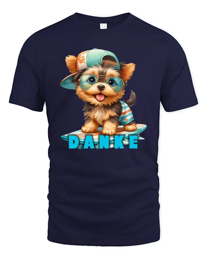 Cute Puppy Danke Surfboard T-Shirt - navy t-shirt on white background