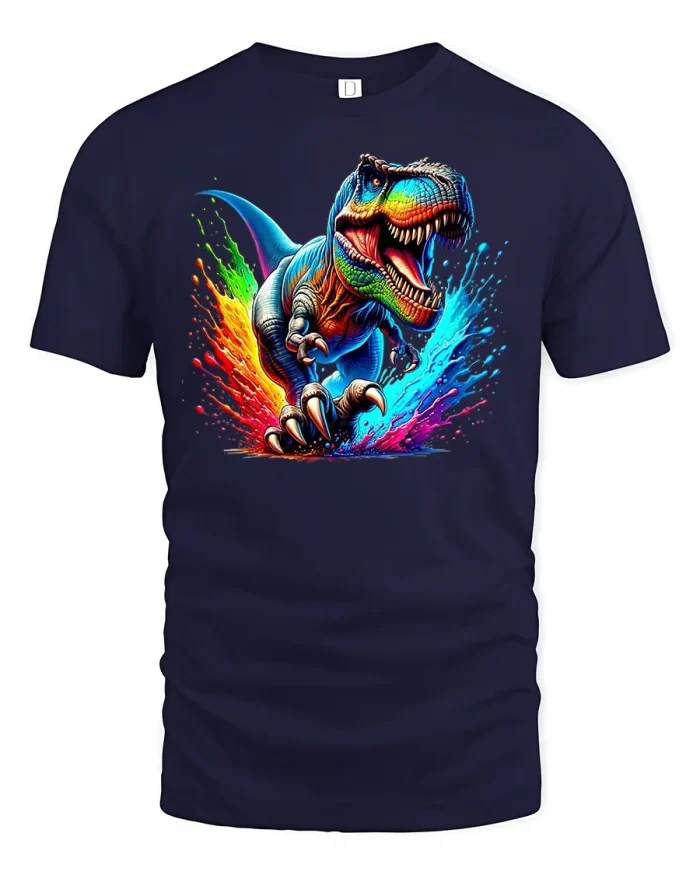 Color Splash T-Rex Dinosaur T-Shirt - navy t-shirt on white background
