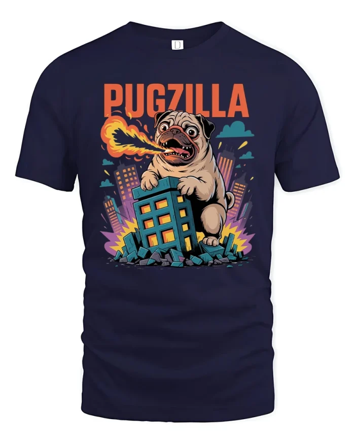 Pugzilla Funny Dog Lover Fire Breathing Tee - navy t-shirt on white background