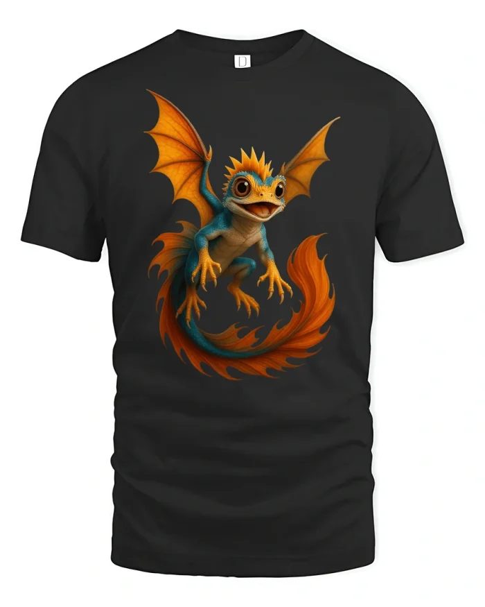 Fiery Baby Dragon Fantasy T-Shirt - black t-shirt on white background