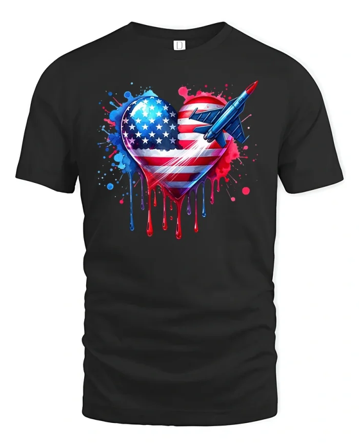 American Flag Heart Jet T-Shirt - black t-shirt on white background