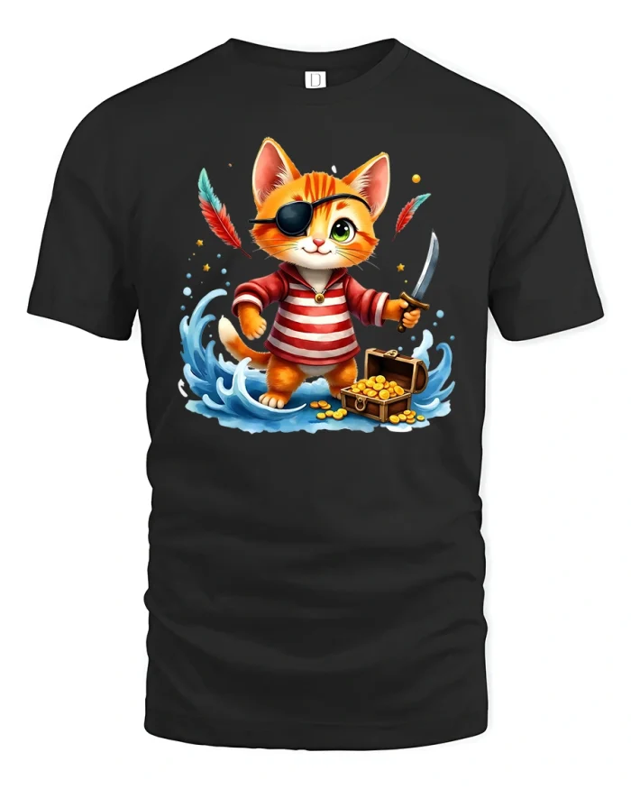 Pirate Cat Treasure Hunter T-Shirt - black t-shirt on white background