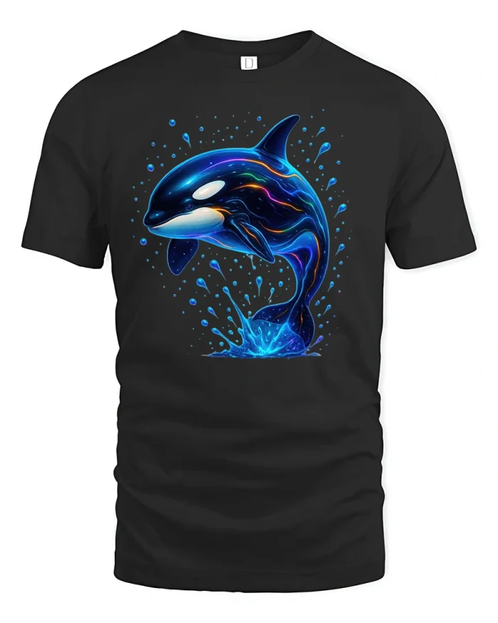 Cosmic Splash Orca T-Shirt - black t-shirt on white background
