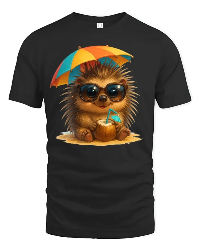 Summer Hedgehog T-Shirt with Coconut Beach - black t-shirt on white background