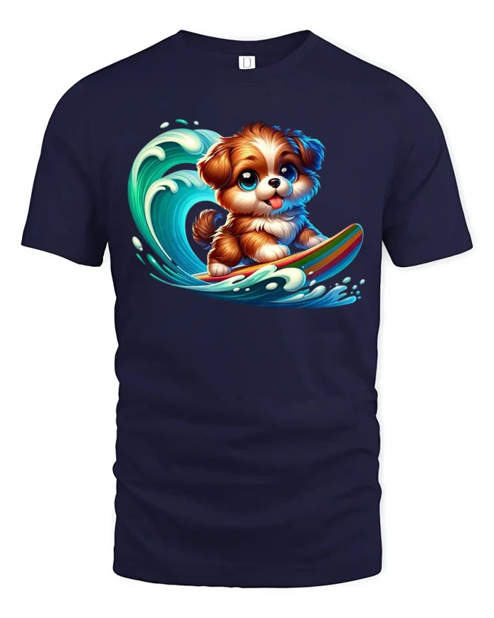 Surfing Puppy T-Shirt Cute Beach Dog - navy t-shirt on white background