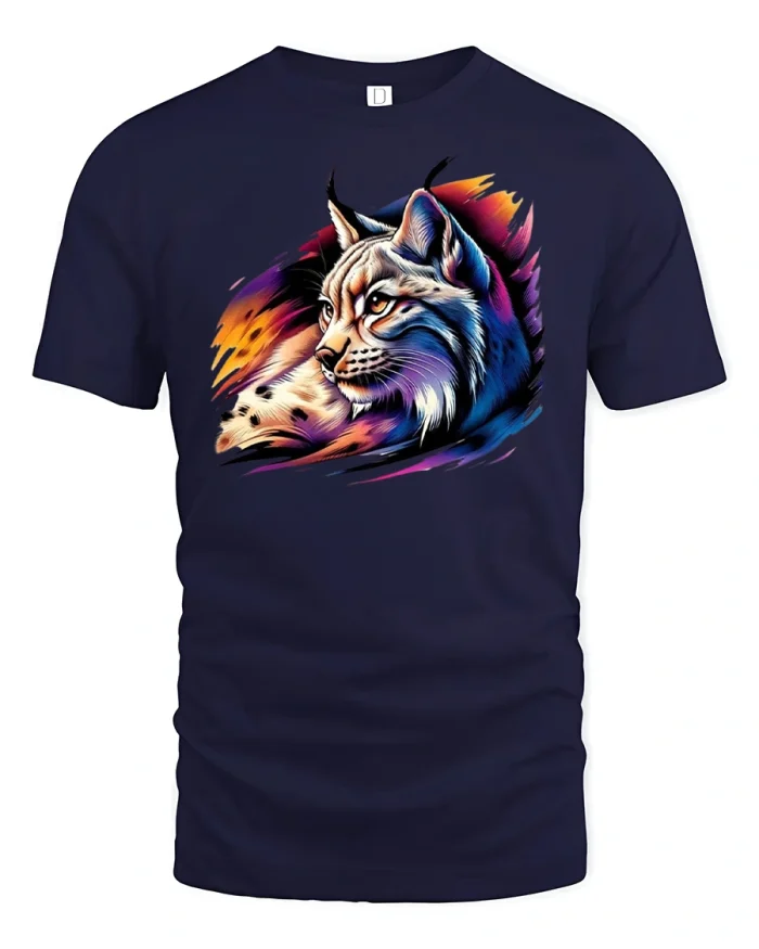 Wild Lynx T-Shirt Vibrant Colorful Wildlife - navy t-shirt on white background