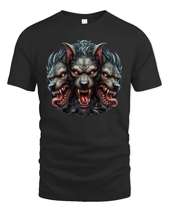 Cerberus Three Headed Dog T-Shirt Mythic Beast Design - black t-shirt on white background