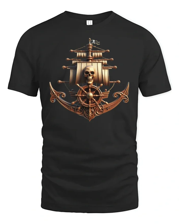 Pirate Ship Skull Anchor T-Shirt Nautical Adventure Art - black t-shirt on white background