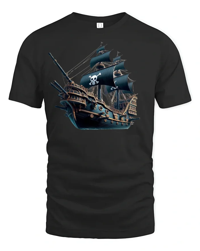 Black Pirate Ship T-Shirt Adventure Skull Sails Design - black t-shirt on white background