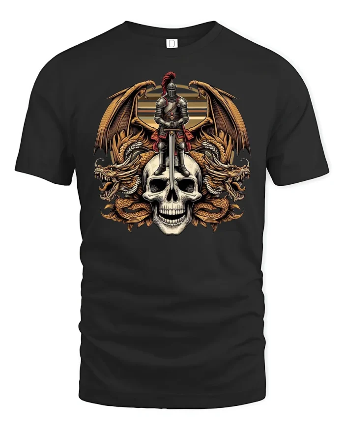 Knight Dragon Skull T-Shirt Medieval Warrior Design - black t-shirt on white background