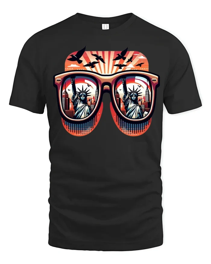 Statue of Liberty Sunglasses T-Shirt New York City Art - black t-shirt on white background