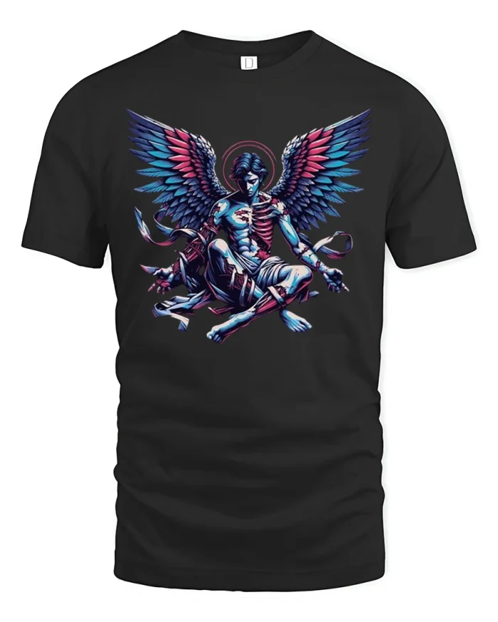 Fallen Angel T-Shirt Dark Wings Neon Fantasy Art Design - black t-shirt on white background