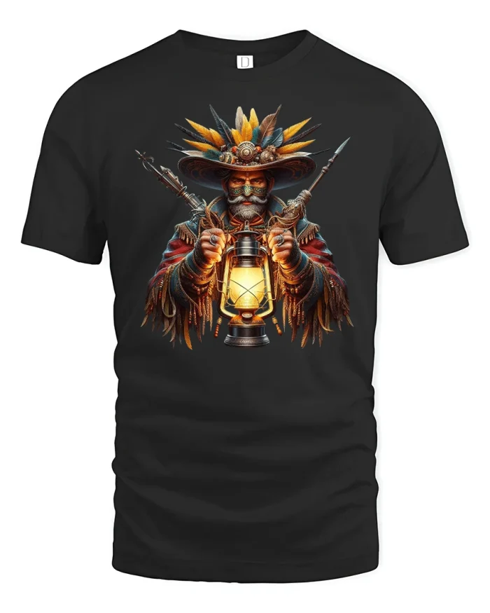 Mystic Lantern Keeper T-Shirt Tribal Fantasy Artwork - black t-shirt on white background