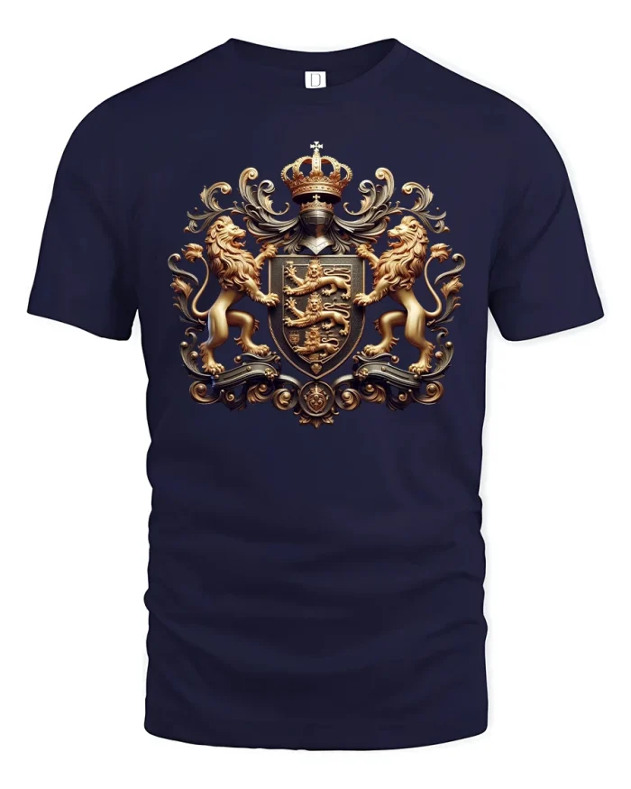 Royal Lion Crest T-Shirt Vintage Gold Heraldic Design - navy t-shirt on white background