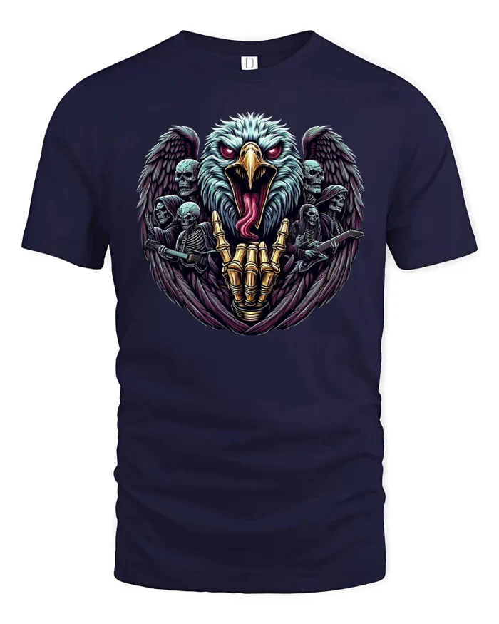 Fierce Eagle Skull Warrior T-Shirt Gothic Battle Art - navy t-shirt on white background
