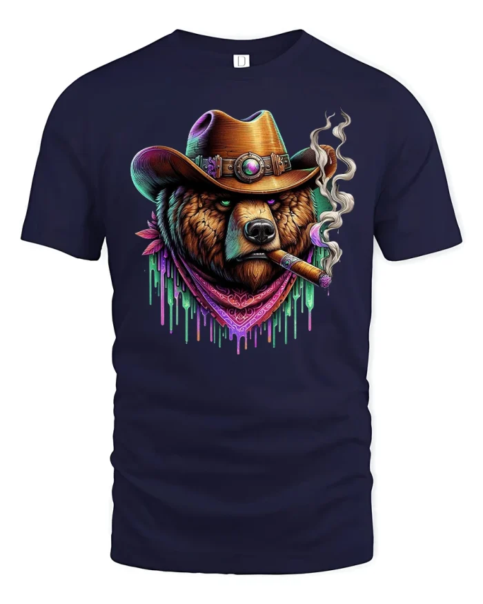 Smoking Cowboy Bear T-Shirt Western Retro Art Style - navy t-shirt on white background