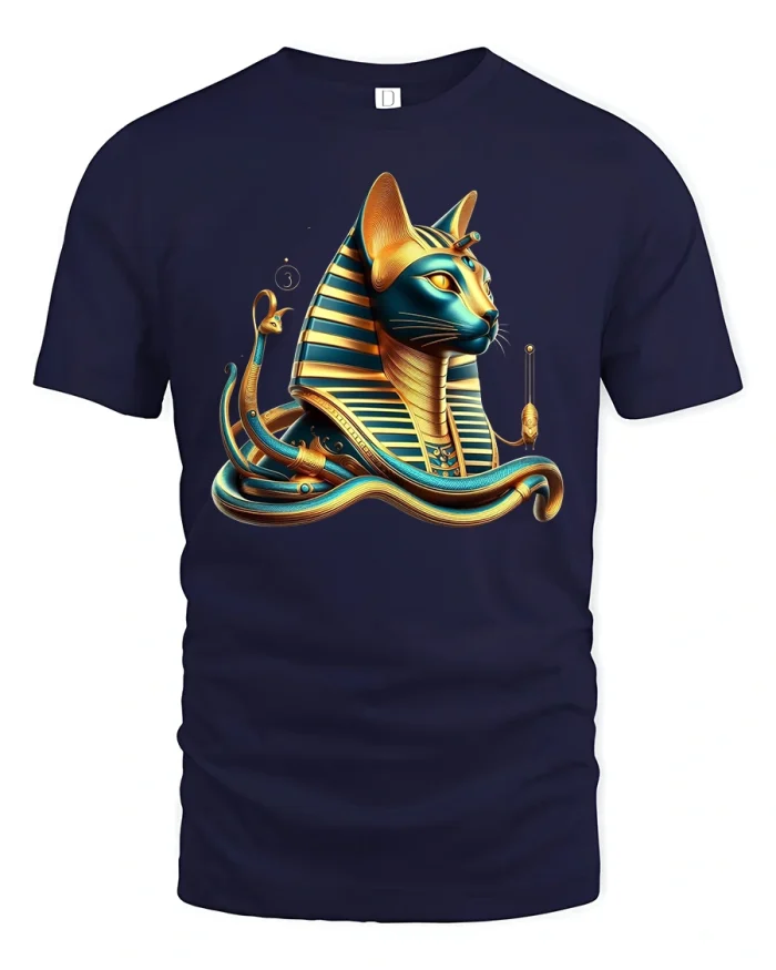 Pharaoh Cat T-Shirt Ancient Egyptian Gold Art Design - navy t-shirt on white background