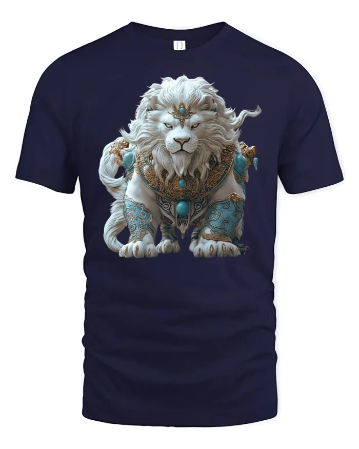 Majestic White Lion T-Shirt Fantasy Warrior Design - navy t-shirt on white background