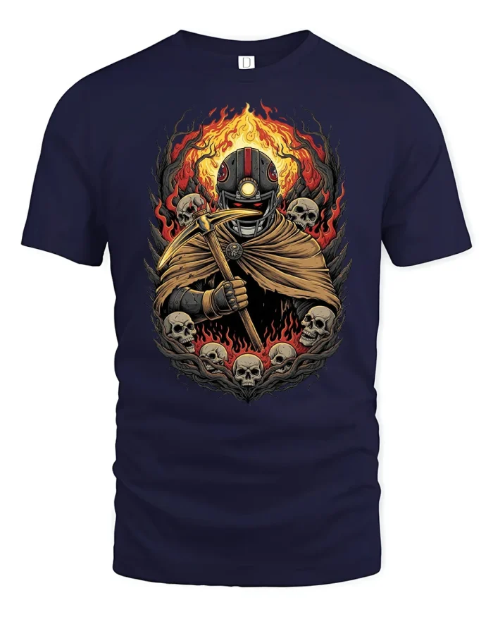Fire Skull Warrior T-Shirt Dark Reaper Fantasy Design - navy t-shirt on white background