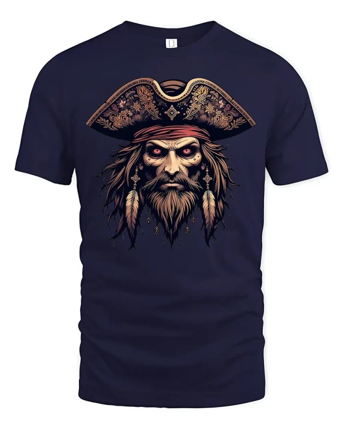 Dark Pirate Captain T-Shirt Skull Warrior Design - navy t-shirt on white background