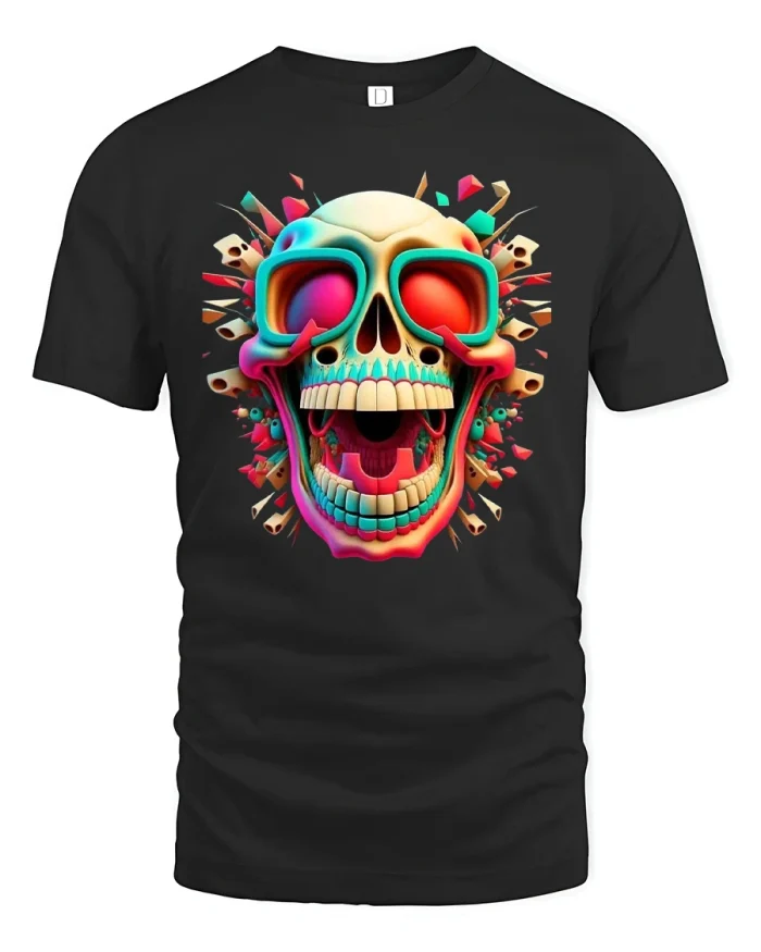Neon Skull T-Shirt Colorful Cool Horror Art Tee - black t-shirt on white background