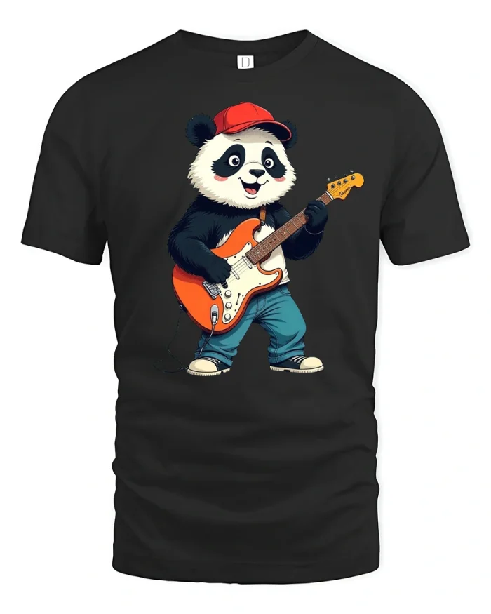 Rock Star Panda T-Shirt Funny Guitar Player Tee - black t-shirt on white background