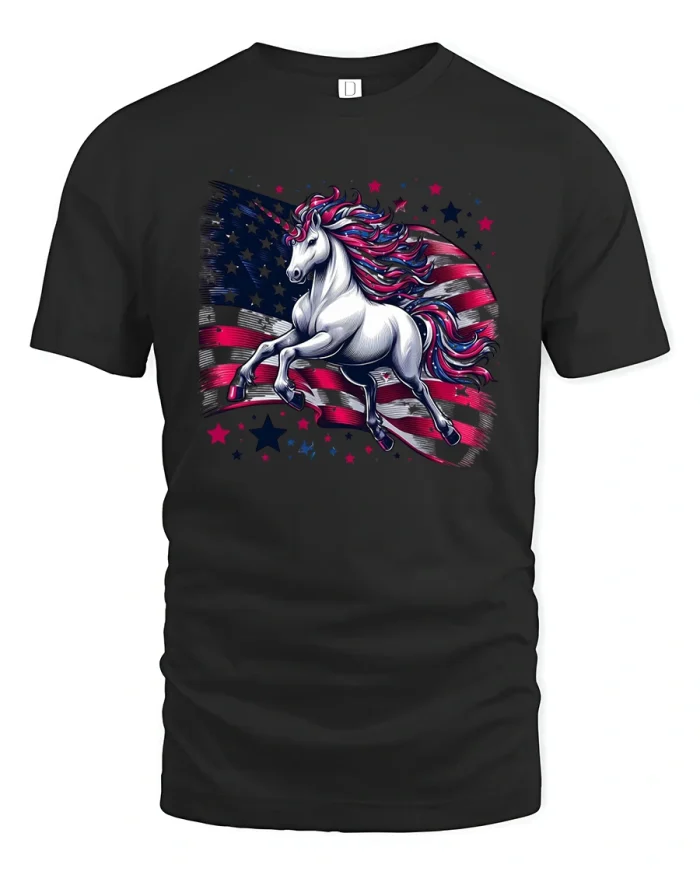 Patriotic Unicorn T-Shirt American Flag Pride Tee - black t-shirt on white background