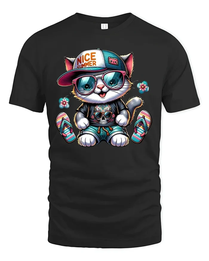 Cool Summer Cat T-Shirt Funny Beach Vacation Tee - black t-shirt on white background