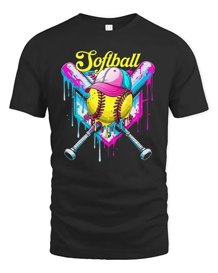 Color Splash Softball T-Shirt Cool Sports Graphic Tee - black t-shirt on white background