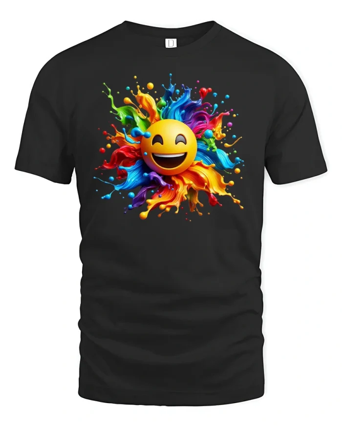 Vibrant Smile Emoji Tee Colorful Art Graphic Shirt - black t-shirt on white background