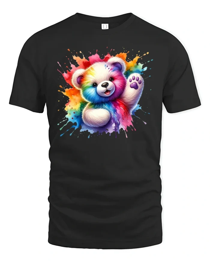 Rainbow Bear T-Shirt Cute Color Splash Graphic Tee - black t-shirt on white background