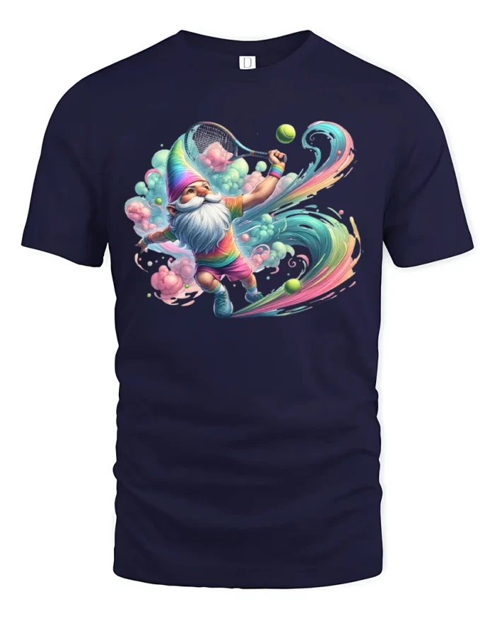 Funny Tennis Gnome T-Shirt Colorful Sports Art Tee - navy t-shirt on white background