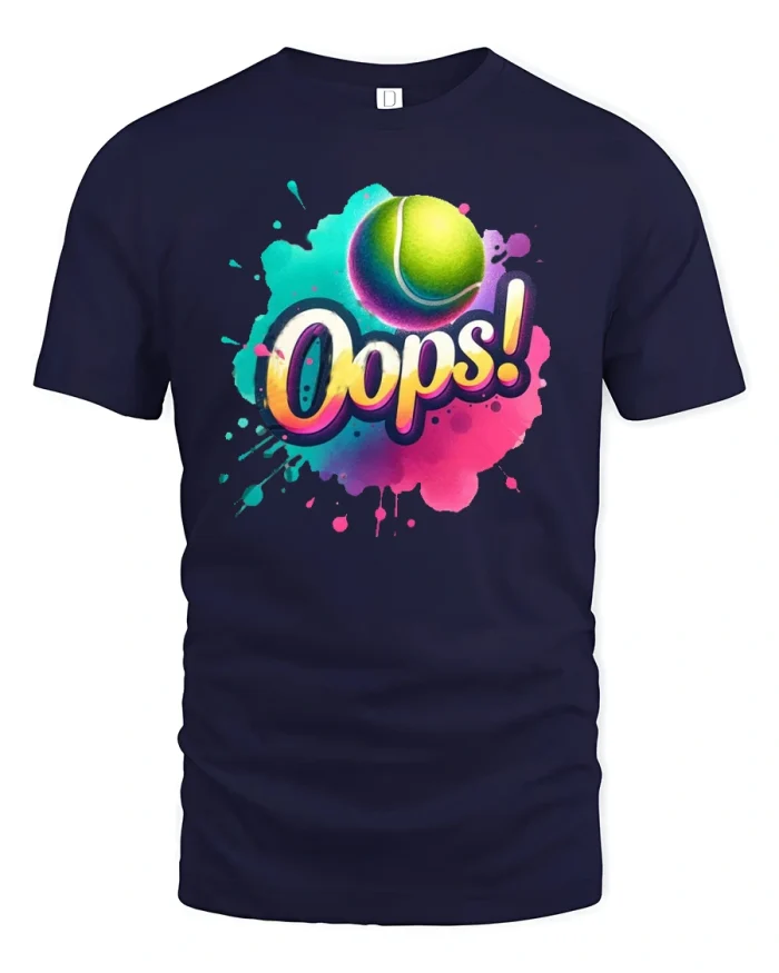 Funny Tennis Oops T-Shirt Color Splash Sports Tee - navy t-shirt on white background