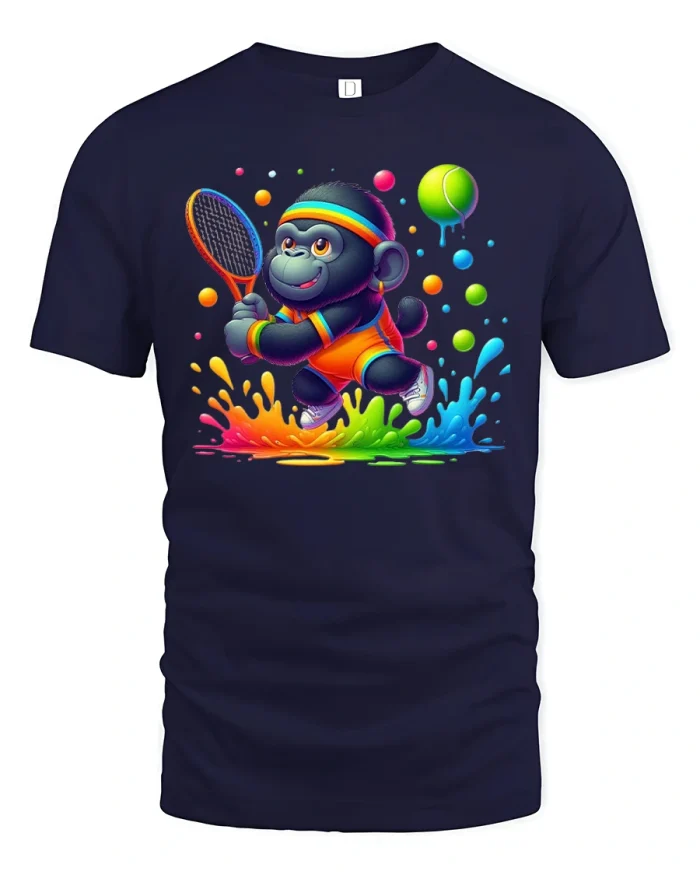 Funny Gorilla Tennis Splash Graphic T-Shirt - navy t-shirt on white background