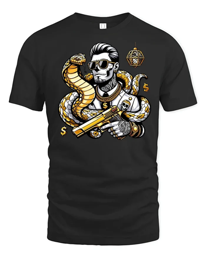 Skull Boss T-Shirt Golden Snake Gangster Art Tee - black t-shirt on white background